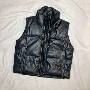 Women’s black faux leather puffer vest
